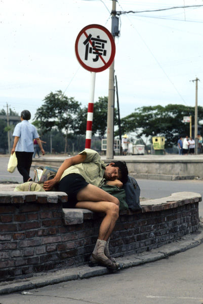 Young man sleeping by no parking sign