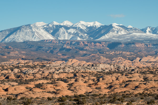 Ancient Petrified Sand Dunes and the La Sal Mountains, Arches National Park, near Moab, Utah