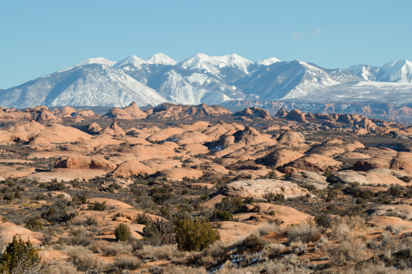 Ancient Petrified Sand Dunes and the La Sal Mountains, Arches National Park, near Moab, Utah