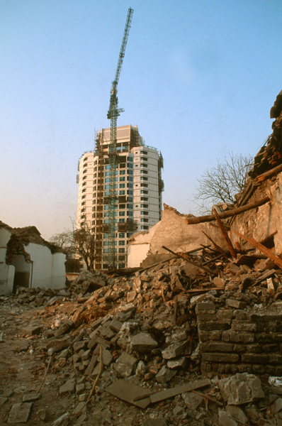 Demolition of neighborhood and construction of new office building, Beijing