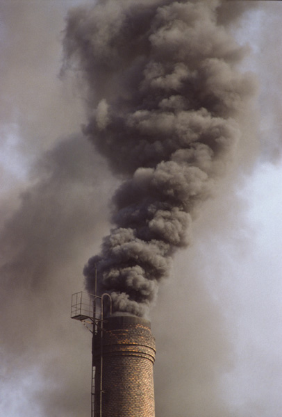 Factory chimney spews smoke, Benxi