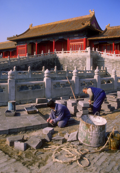 Restoring courtyard tiles, Forbidden City