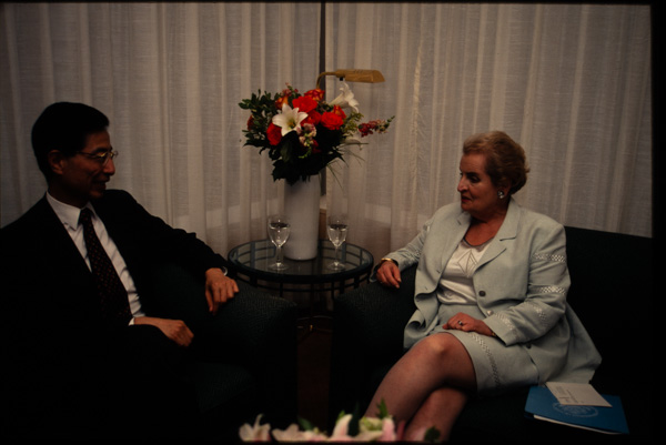 U.S. Secretary of State Madelaine Albright and Chinese Vice Premier Qian Qichen in Hong Kong at the handover to China