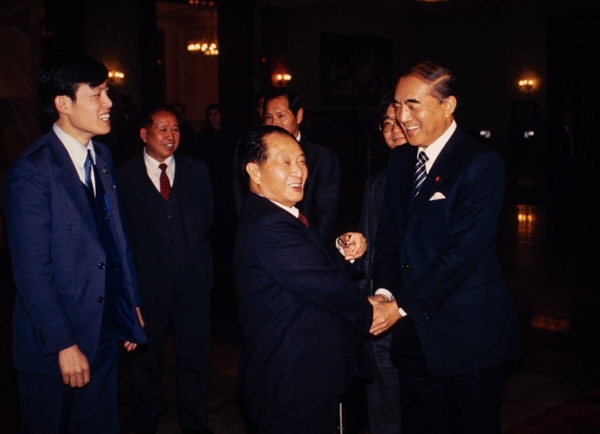 Hu Yaobang, Chinese party secretary, and Yasuhiro Nakason, Japanese prime minister, Beijing, China