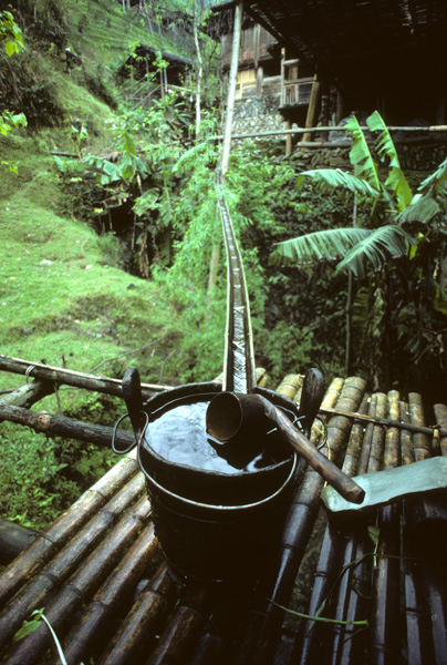 Running water in bamboo pipe