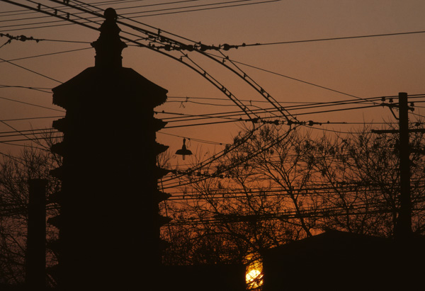 Pagoda and electric wires