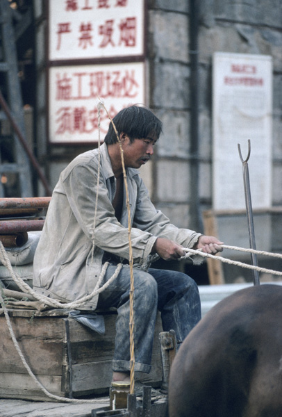 Worker with horse and wagon hauls construction materials