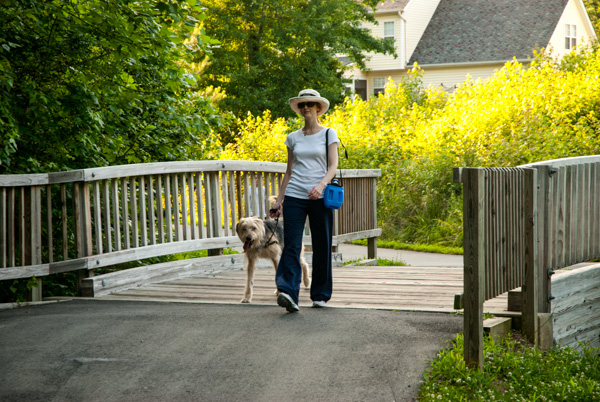 Woman Walking Dog on Nature Trail