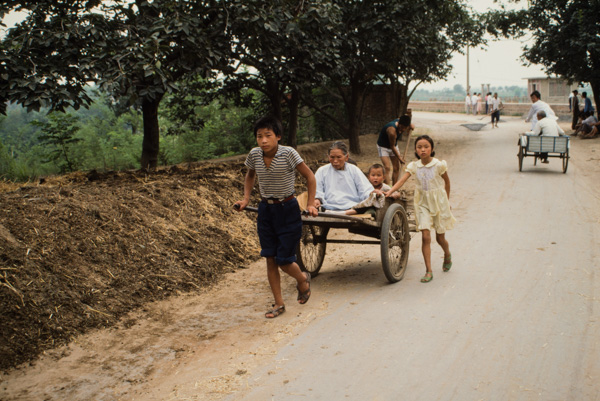 Boy pulls elderly woman, child in cart, Henan