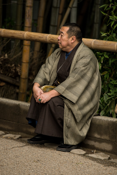Man in traditional Japanese clothes, Bamboo Forest, Kyoto