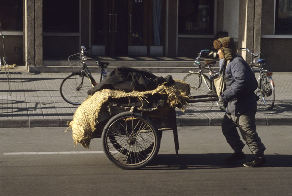 Worker pushes cart